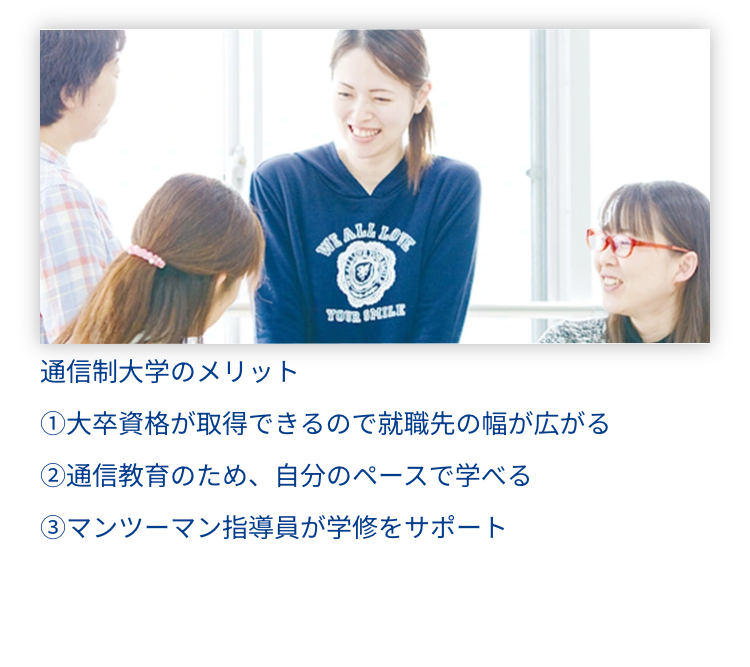 通信制大学のメリット
WE ALL LOVE
YOUR SMILE
①大卒資格が取得できるので就職先の幅が広がる
②通信教育のため、 自分のペースで学べる
③マンツーマン指導員が学修をサポート